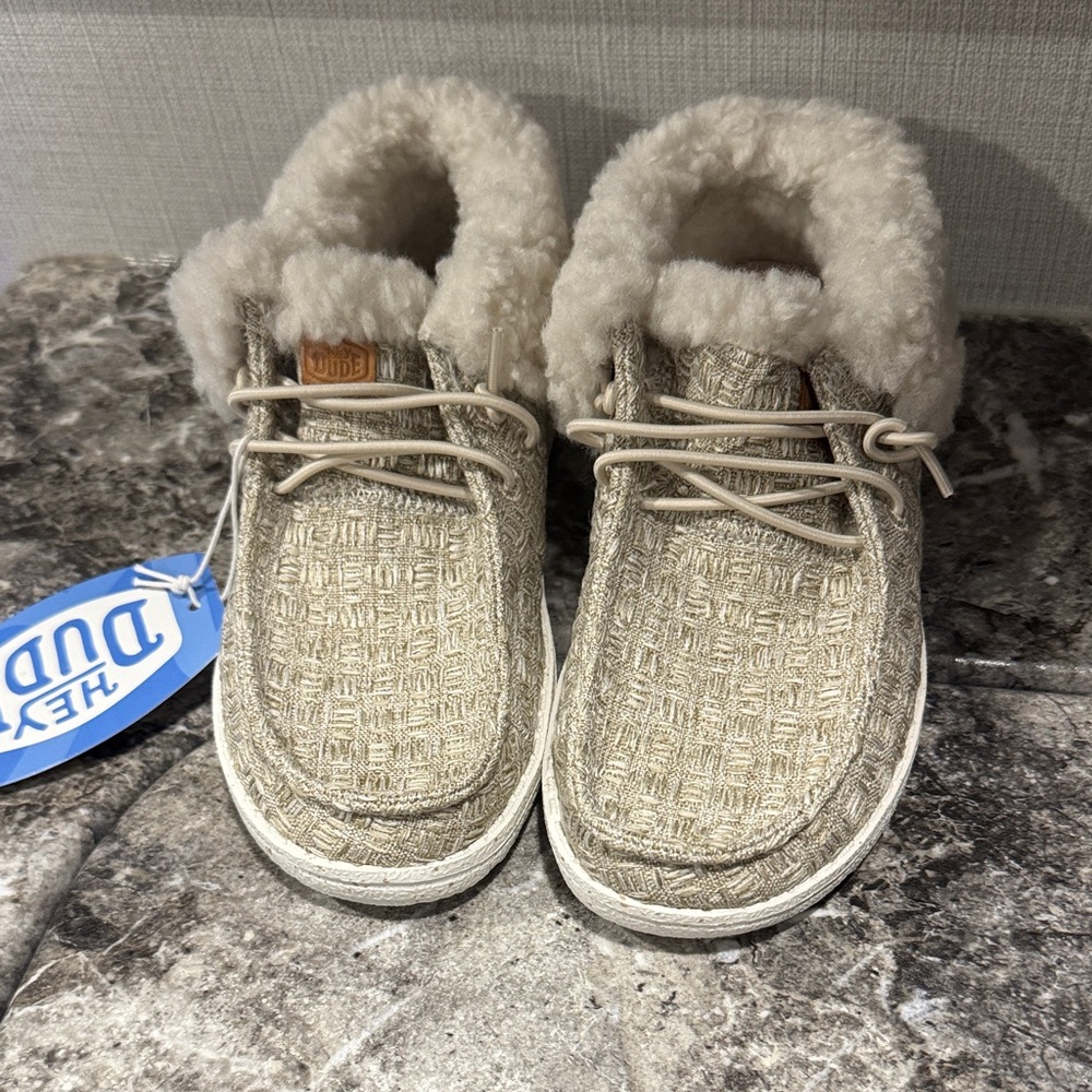 Hey Dude Kids Tan White Fur Shoes